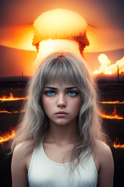 masterpiece,Best quality, illustration,{beautiful detailed girl},beautiful detailed glow,(flames of war:1.2),(The nuclear explosion behind:1.3),rain,detailed lighting,detailed water,(beautiful detailed eyes:1.1),inexpressive,White hair,wild hair,long bangs,hair between eyes,(white-gray tank-dress:1.1),black headband, big forehead, an adult heavy look of a man who has seen some bullshit,