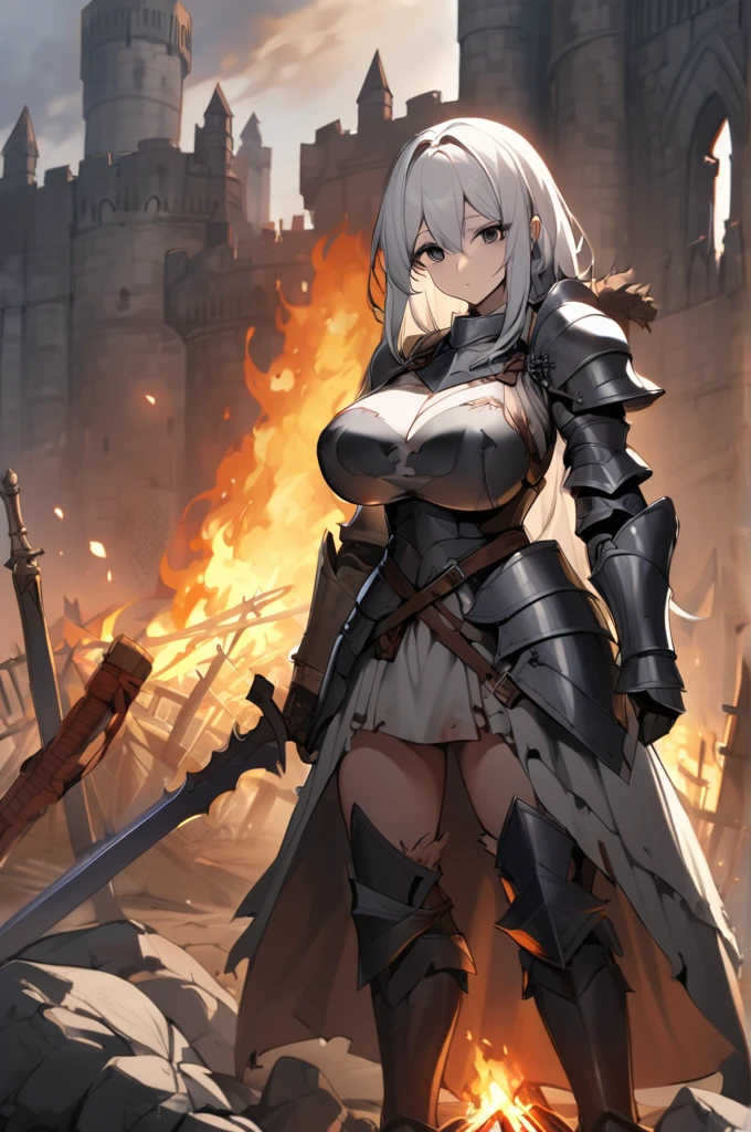 Tall, pale woman, huge, defined breasts, long white hair, deep and sad black eyes, medieval knight's armor with details of ash and fire, two-handed sword, Ruined fort background with a bonfire with a sword stuck in it, lit bonfire