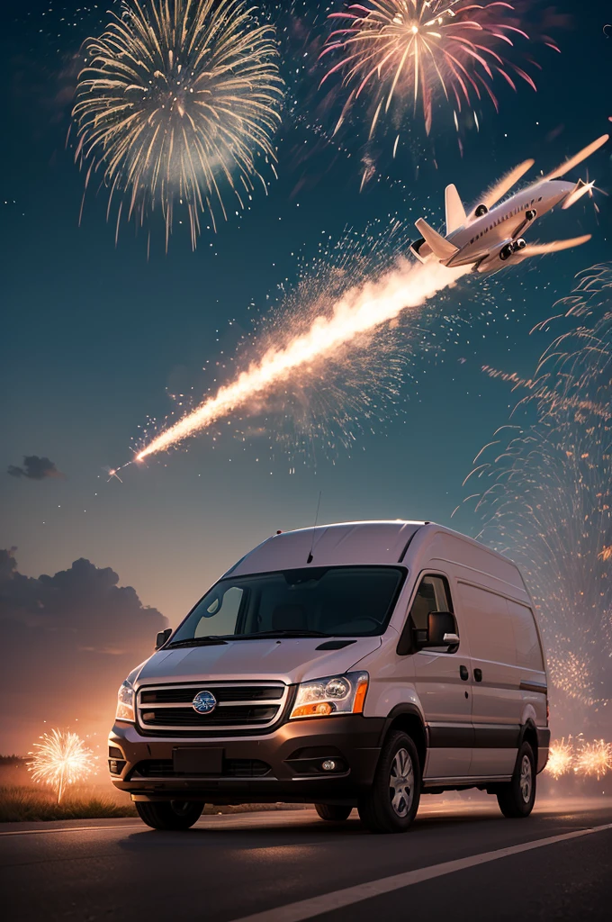 Create a drawing of a van with airplane turbines setting off fireworks, writing GL Transportes