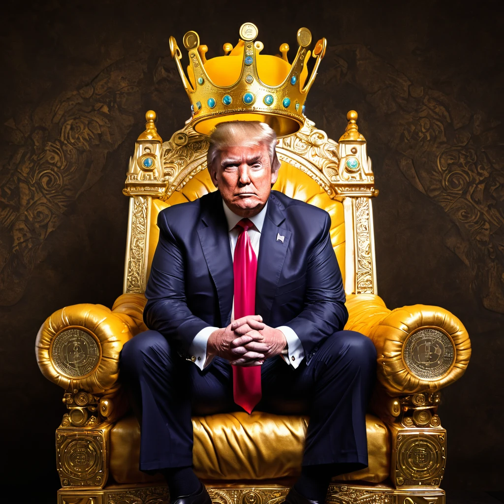 art Donald Trump with crown on his head sitting on golden bitcoin throne