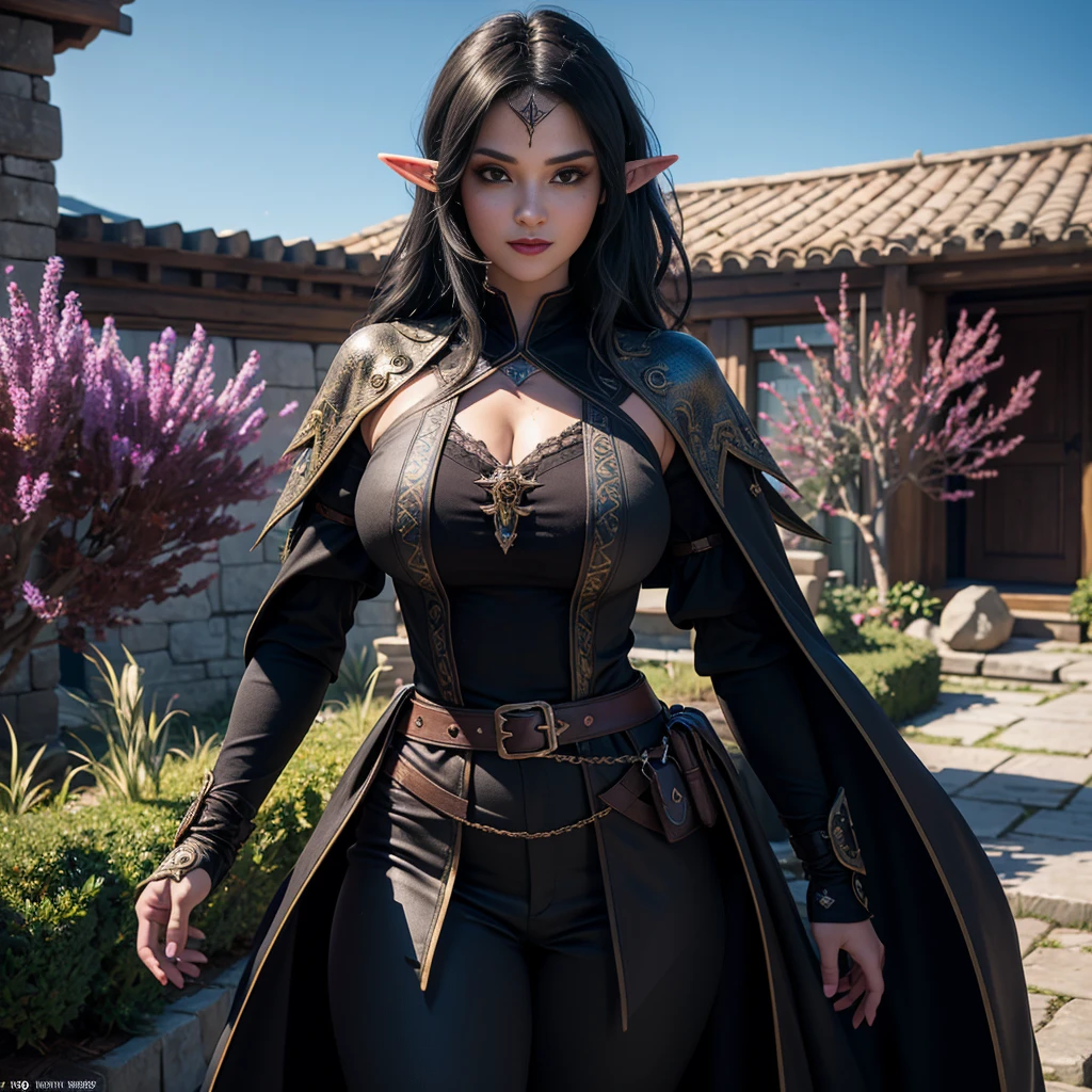 ((Best quality)), ((masterpiece)), (detailed: 1.4), 3D, (half-elf sorceress), (black hair, purple eyes:1.5, pale brown skin), (black robe, purple sleeves, grey pants, black boots and black armbands), (huge tits, big booty, short, curvy), (heavy gothic makeup), HDR (High Dynamic Range),Ray Tracing,NVIDIA RTX,Super-Resolution,Unreal 5,Subsurface dispersion, PBR texture, Post-processing, Anisotropic filtering, Depth of field, Maximum clarity and sharpness, Multilayer textures, Albedo and specular maps, Surface shading, Accurate simulation of light-material interaction, Perfect proportions, Octane Render, Two-tone lighting,Wide aperture,Low ISO,White balance,Rule of thirds,8K RAW,