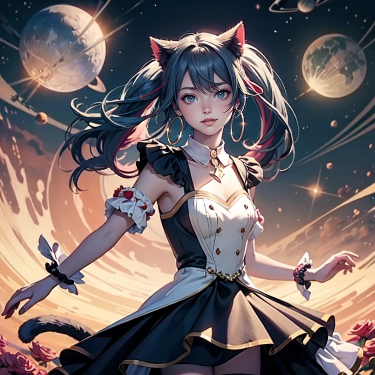 1girl, white maid dress, jewelry, aqua hair, flowing hair, long hair, maid dress with a short skirt and layers, white laces, white boots, white dress with transparency, gold details on her clothes, cat ears, animal ears,  more details, perfectly body, perfectly hands, two hands, two legs, two arms, five fingers, glowing hair, best quality, cat ears, animal ears, white gloves, cat tail, alone, maid headdress, choker, detached sleeves, maid dress, maid white dress, strapless, masterpeice, best quality, detailed face, night, asymmetrical gloves, bangs, white short skirt , earrings, elbow gloves, fishnet thighhighs, fishmasterpeice, solo, best quality, detailed face, hair between eyes, jewelry, looking at viewer, single earring, sky, sleeveless, solo, thigh boots, thighhighs, tongue, tongue out, uneven gloves, cat ears, animal ears, cat tail, solo, alone, Looking at the viewer, magenta roses on her hair, space scenery, maid, maid dress, magenta details, maid headdress, maid apron, purple hair, long hair, seat on the Saturn rings, more details on her clothes, gold details on her clothes, space, smiling, standing her hand to a viewer, looking at the viewer, in the background a several asteroids glowing with fiery auras, Dramatic lighting from distant stars and planets illuminates the scene, looking at the vast and mysterious universe, cowboy shot, upper body portrait, more details, sparkle,