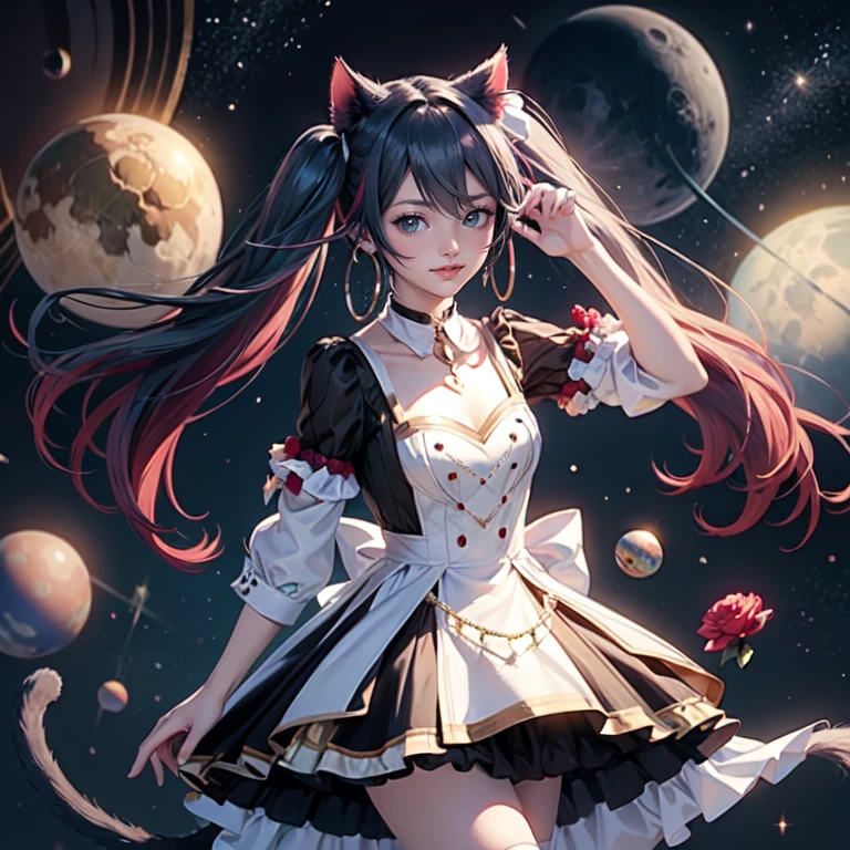 1girl, white maid dress, jewelry, aqua hair, flowing hair, long hair, maid dress with a short skirt and layers, white laces, white boots, white dress with transparency, gold details on her clothes, cat ears, animal ears, more details, perfectly body, perfectly hands, two hands, two legs, two arms, five fingers, glowing hair, best quality, cat ears, animal ears, white gloves, cat tail, alone, maid headdress, choker, detached sleeves, maid dress, maid white dress, strapless, masterpeice, best quality, detailed face, night, asymmetrical gloves, bangs, white short skirt , earrings, elbow gloves, fishnet thighhighs, fishmasterpeice, solo, best quality, detailed face, hair between eyes, jewelry, looking at viewer, single earring, sky, sleeveless, solo, thigh boots, thighhighs, tongue, tongue out, uneven gloves, cat ears, animal ears, cat tail, solo, alone, Looking at the viewer, magenta roses on her hair, space scenery, maid, maid dress, magenta details, maid headdress, maid apron, purple hair, long hair, seat on the Saturn rings, more details on her clothes, gold details on her clothes, space, smiling, standing her hand to a viewer, looking at the viewer, in the background a several asteroids glowing with fiery auras, Dramatic lighting from distant stars and planets illuminates the scene, looking at the vast and mysterious universe, cowboy shot, upper body portrait, more details, sparkle,