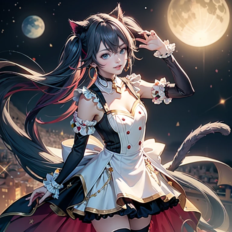 1girl, white maid dress, jewelry, aqua hair, flowing hair, long hair, maid dress with a short skirt and layers, white laces, white boots, white dress with transparency, gold details on her clothes, cat ears, animal ears, more details, perfectly body, perfectly hands, two hands, two legs, two arms, five fingers, glowing hair, best quality, cat ears, animal ears, white gloves, cat tail, alone, maid headdress, choker, detached sleeves, maid dress, maid white dress, strapless, masterpeice, best quality, detailed face, night, asymmetrical gloves, bangs, white short skirt , earrings, elbow gloves, fishnet thighhighs, fishmasterpeice, solo, best quality, detailed face, hair between eyes, jewelry, looking at viewer, single earring, sky, sleeveless, solo, thigh boots, thighhighs, tongue, tongue out, uneven gloves, cat ears, animal ears, cat tail, solo, alone, Looking at the viewer, magenta roses on her hair, space scenery, maid, maid dress, magenta details, maid headdress, maid apron, purple hair, long hair, seat on the Saturn rings, more details on her clothes, gold details on her clothes, space, smiling, standing her hand to a viewer, looking at the viewer, in the background a several asteroids glowing with fiery auras, Dramatic lighting from distant stars and planets illuminates the scene, looking at the vast and mysterious universe, cowboy shot, upper body portrait, more details, sparkle,