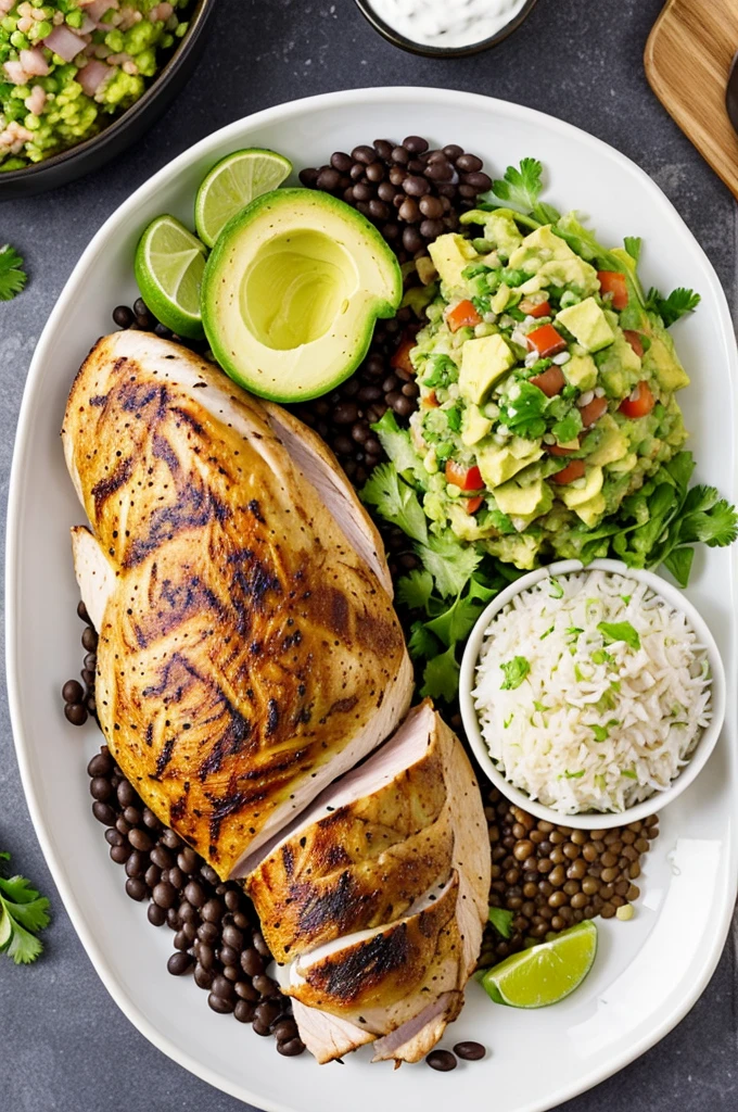 A dish that has rice, guacamole, black beans,roasted chicken breast,Turkey ham,lentil germ, cooked cactus, lettuce