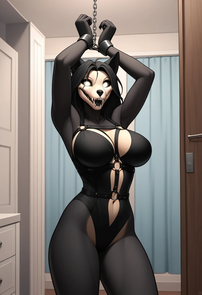 ((in a closet with no lights)), hd background, bedroom, Anthro, femenine body, adult, breasts, femenine face, black furry hair, (black furry body), SCP-1471, (mal0 SCP)), (hooker pose), ((bondage harness), thighs, looking at viewer, standing pose, (hands are tied up and chained above the head), (bitchy posture), head turned to side, solo, black fur, (nude), lineart, ((vore)), ((large moving vore belly with a large person inside of the vore stomach moving around and struggling)), stomach making gurgling digestion sounds, security camera effect filter, ((opening up their maw to swallow the viewer whole))