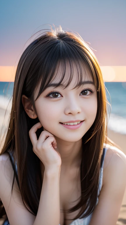 (Highest quality, masterpiece, Ultra-high resolution, (Realistic:1.4), RAW Photos, Depth of written boundary, Professional Lighting, Perfect Anatomy, Very detailed), ((((In the middle of the night, Detailed Midnight)))), At the Beach, One girl, 24-years-old, The most famous Japanese idols, Portraiture, (extremely cute face like The most famous Japanese idols, (Very cute、The eyes are big too), Very beautiful hair, Very beautiful skin), Very cute long eyelashes, Very cute lips, An innocent smile