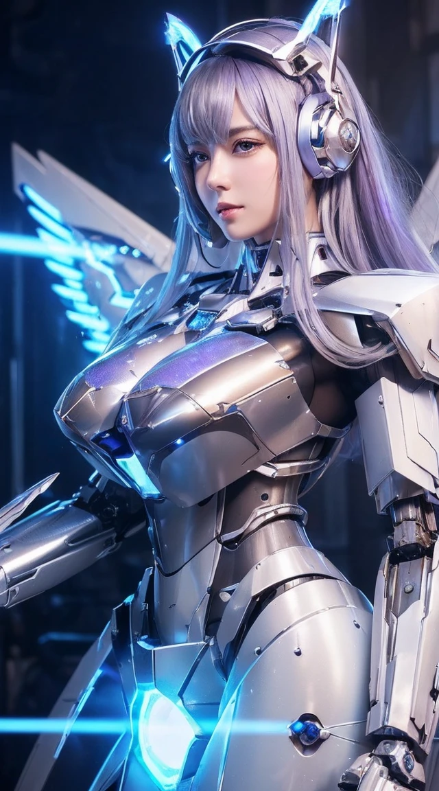 ((Intense action pose:1.6))、((Shining lenses on both breasts:1.3))、((Blue pillars of light are emanating from both chests.:1.3))、smile、((8K)), ((32k)), ((Highest quality)), ((masterpiece)), ((超A high resolution)), ((Tmasterpiece)), ((Halation:1.4))、((Mechaニカルheadgear:1.2))、((Cyber Headphones:1.3))、Fine skin, High quality fabric, Fine metal texture、((Beautiful and dense face))、RAW Photos、Professional, Ultra-fine painting, ((alone)), Beautiful breasts、Highest quality, Very detailed, Very detailed詳細, Finer details, so beautiful, ((Princess Knight Robot:1.2)), (Joints of machines, Mechanical Limbs:1.3), (The internal structure of the machine is exposed:1.3), (Long silver hair:1.1), (Beautiful and huge mechanical breasts)、White Veil, cowboy_shot, Side Focus, headgear, Shiny、(Five Fingers, Four fingers and thumb),Concept Art, Anime fantasy artwork, Detailed fantasy art, (with pale blue-violet hair and large white wings,,,,,,,), (((Long silver hair))), (Mecha:1.6)、Sleek and intimidating design, ((Commander-in-Chief'arm)), (Perfect robot body)、純白と青紫armまたは, Symmetrical wings, 8K high quality, detailed art, 3D rendering of character art in 8K, neat legs, Defined, Defined fingers,