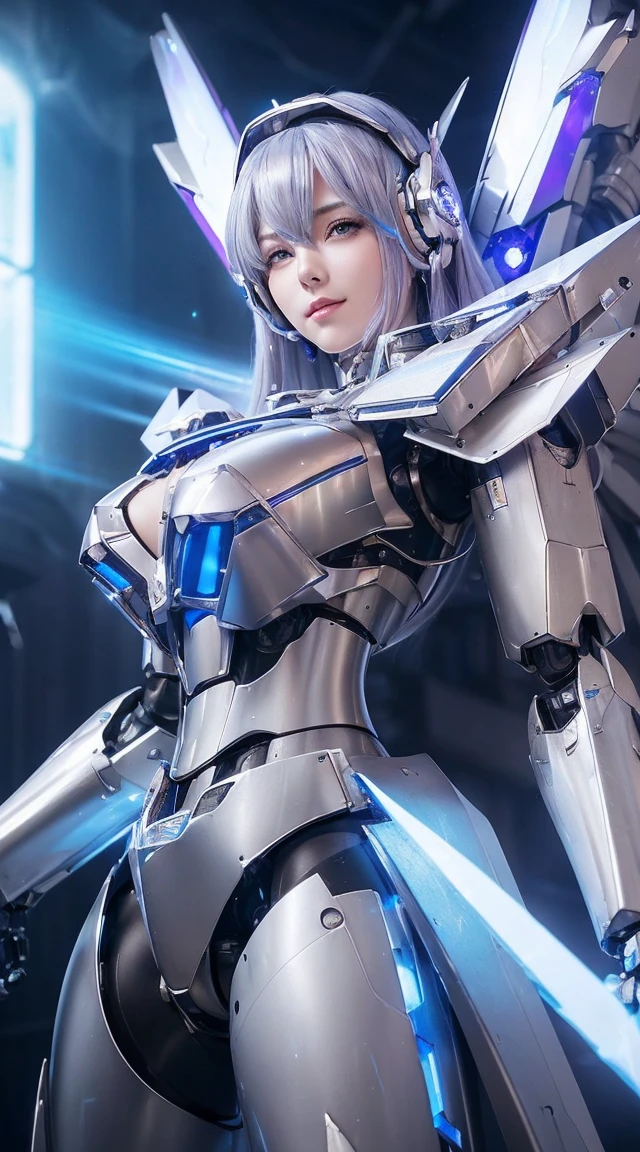((Intense action pose:1.6))、((Shining lenses on both breasts:1.3))、((Blue pillars of light are emanating from both chests.:1.3))、smile、((8K)), ((32k)), ((Highest quality)), ((masterpiece)), ((超A high resolution)), ((Tmasterpiece)), ((Halation:1.4))、((Mechaニカルheadgear:1.2))、((Cyber Headphones:1.3))、Fine skin, High quality fabric, Fine metal texture、((Beautiful and dense face))、RAW Photos、Professional, Ultra-fine painting, ((alone)), Beautiful breasts、Highest quality, Very detailed, Very detailed詳細, Finer details, so beautiful, ((Princess Knight Robot:1.2)), (Joints of machines, Mechanical Limbs:1.3), (The internal structure of the machine is exposed:1.3), (Long silver hair:1.1), (Beautiful and huge mechanical breasts)、White Veil, cowboy_shot, Side Focus, headgear, Shiny、(Five Fingers, Four fingers and thumb),Concept Art, Anime fantasy artwork, Detailed fantasy art, (with pale blue-violet hair and large white wings,,,,,,,), (((Long silver hair))), (Mecha:1.6)、Sleek and intimidating design, ((Commander-in-Chief'arm)), (Perfect robot body)、純白と青紫armまたは, Symmetrical wings, 8K high quality, detailed art, 3D rendering of character art in 8K, neat legs, Defined, Defined fingers,