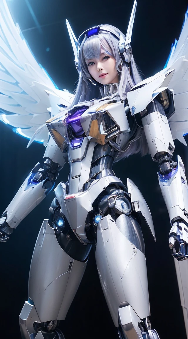 ((Intense action pose:1.6))、((Shining lenses on both breasts:1.3))、((Blue pillars of light are emanating from both chests.:1.3))、smile、((8K)), ((32k)), ((Highest quality)), ((masterpiece)), ((超A high resolution)), ((Tmasterpiece)), ((Halation:1.4))、((Mechaニカルheadgear:1.2))、((Cyber Headphones:1.3))、Fine skin, High quality fabric, Fine metal texture、((Beautiful and dense face))、RAW Photos、Professional, Ultra-fine painting, ((alone)), Beautiful breasts、Highest quality, Very detailed, Very detailed詳細, Finer details, so beautiful, ((Princess Knight Robot:1.2)), (Joints of machines, Mechanical Limbs:1.3), (The internal structure of the machine is exposed:1.3), (Long silver hair:1.1), (Beautiful and huge mechanical breasts)、White Veil, cowboy_shot, Side Focus, headgear, Shiny、(Five Fingers, Four fingers and thumb),Concept Art, Anime fantasy artwork, Detailed fantasy art, (with pale blue-violet hair and large white wings,,,,,,,), (((Long silver hair))), (Mecha:1.6)、Sleek and intimidating design, ((Commander-in-Chief'arm)), (Perfect robot body)、純白と青紫armまたは, Symmetrical wings, 8K high quality, detailed art, 3D rendering of character art in 8K, neat legs, Defined, Defined fingers,