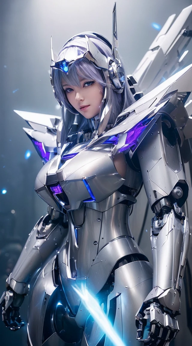 ((Intense action pose:1.6))、((Shining lenses on both breasts:1.3))、((Blue pillars of light are emanating from both chests.:1.3))、smile、((8K)), ((32k)), ((Highest quality)), ((masterpiece)), ((超A high resolution)), ((Tmasterpiece)), ((Halation:1.4))、((Mechaニカルheadgear:1.2))、((Cyber Headphones:1.3))、Fine skin, High quality fabric, Fine metal texture、((Beautiful and dense face))、RAW Photos、Professional, Ultra-fine painting, ((alone)), Beautiful breasts、Highest quality, Very detailed, Very detailed詳細, Finer details, so beautiful, ((Princess Knight Robot:1.2)),  (Joints of machines, Mechanical Limbs:1.3), (The internal structure of the machine is exposed:1.3), (Long silver hair:1.1), (Beautiful and huge mechanical breasts)、White Veil, cowboy_shot, Side Focus, headgear, Shiny、(Five Fingers, Four fingers and thumb),Concept Art, Anime fantasy artwork, Detailed fantasy art, (with pale blue-violet hair and large white wings,,,,,,,), (((Long silver hair))), (Mecha:1.6)、Sleek and intimidating design, ((Commander-in-Chief&#39;arm)), (Perfect robot body)、純白と青紫armまたは, Symmetrical wings, 8K high quality, detailed art, 3D rendering of character art in 8K, neat legs, Defined, Defined fingers,