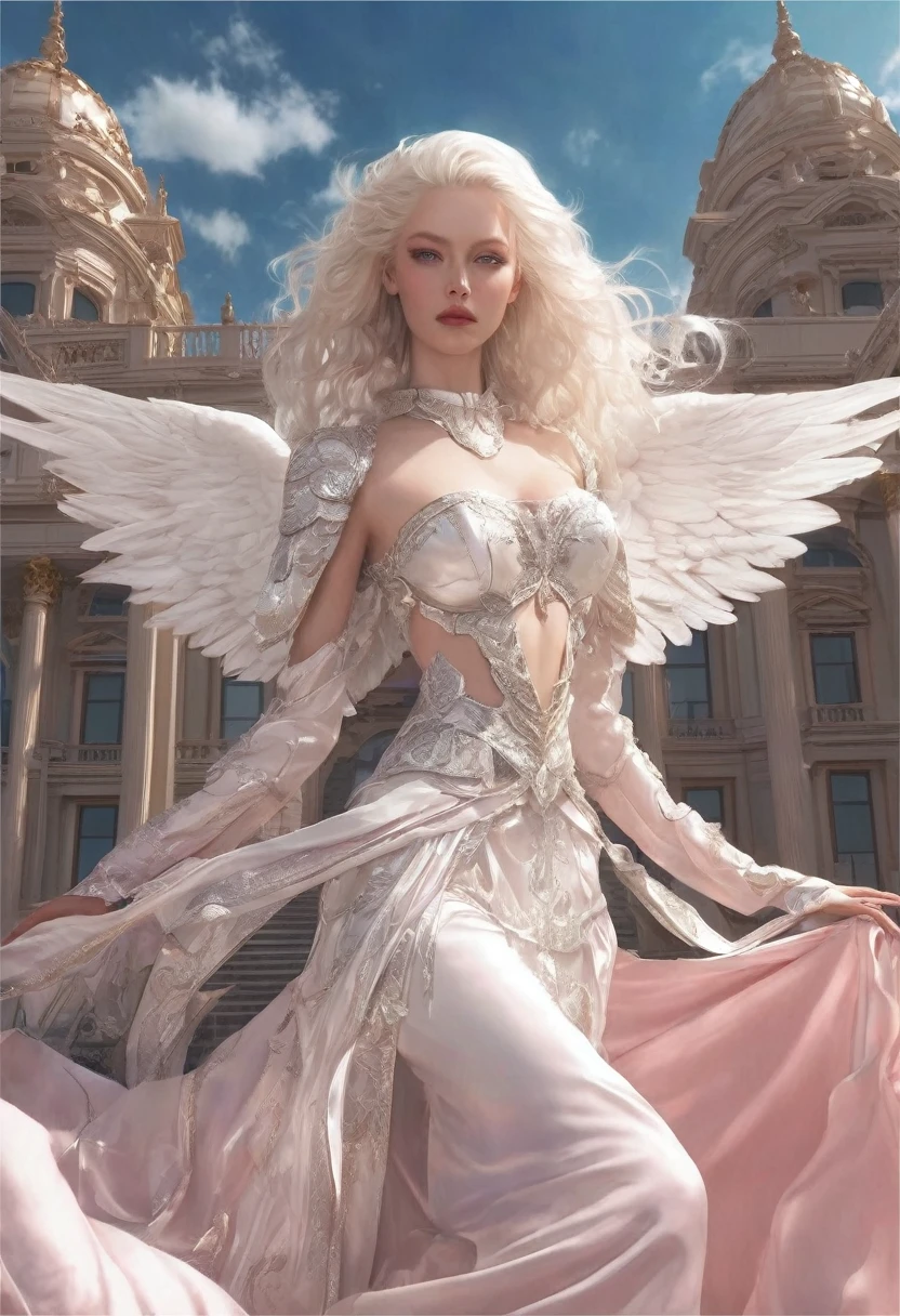 work of art, highest quallity, (standing alone), (face perfect:1.3), (high détail:1.2),dramatic, 1 girl, angel, (pale skin), long  white hair, clear blue eyes, (Breasts huge), light eyebrows, long hair, natta, maid outfit, addressed navel, fleshy lips, curved, (arms behind the back:1.4), addressed, Detailed palace background, art by artgerm and greg rutkowski, cinematic lighting, pinks, lo fashion, BALENCIAGA, Alexander McQueen, sheen