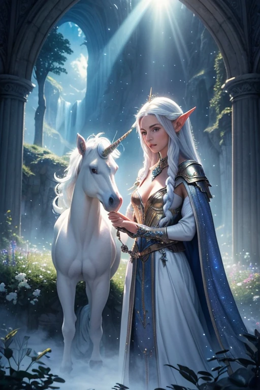 Epic cinematic brilliant stunning intricately detailed dramatic atmospheric maximalist digital matte painting Stunning professional masterpiece of a beautiful young elf with pointed ears named Arwen with long straight white hair, piercing crystal blue eyes, the elf stands next to her bright white unicorn, its fur shines like small specks of glitter due to the sunlight that falls on the figure of the elf and the unicorn. Lamluz is soft and warm. As a backdrop there is a mystical landscape that surrounds the image creating a magical atmosphere. ethereal fantasy hyperdetailed mist Thomas Kinkade 8k resolution holographic astral cosmic illustration mixed media by Pablo Amaringo heavenly sunshine beams divine bright soft focus holy in the clouds