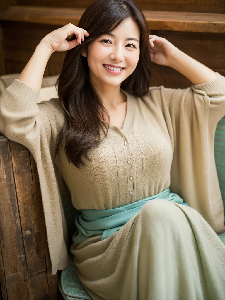 Highest resolution、Masterpiece、8K、40s、woman、Japanese、smile、Mature、Calm、Wide angle、fine