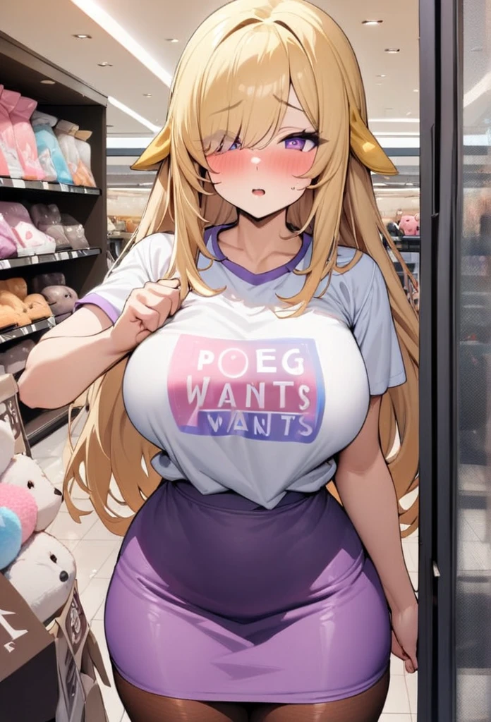 ((Best Quality)), ((Masterpiece)), (detailed), 1 girl, Pastel yellow hair, long hair, hair covers one eye, purple eyes, tight, big breasts, big thighs, white vote t-shirt, purple skirt, brown pantyhose, in a shopping center, pointing at a stuffed animal he wants, shy expression begging, blushing, arrival expectation, taking the viewer's hand