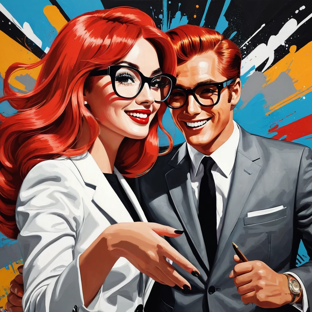A captivating Pop-Art illustration of a man from the 1960s with bold, bright red hair, wearing a charming black-and-white suit and oversized glasses. . In a delightful twist, he shakes hands with the woman he's painted, bringing her to life from the canvas. The background is a dynamic blend of dark and light colors, evoking a mood of dark fantasy and whimsical humor. The illustration is executed in a graffiti-like style, featuring vibrant and lively colors with a touch of dark imagination.