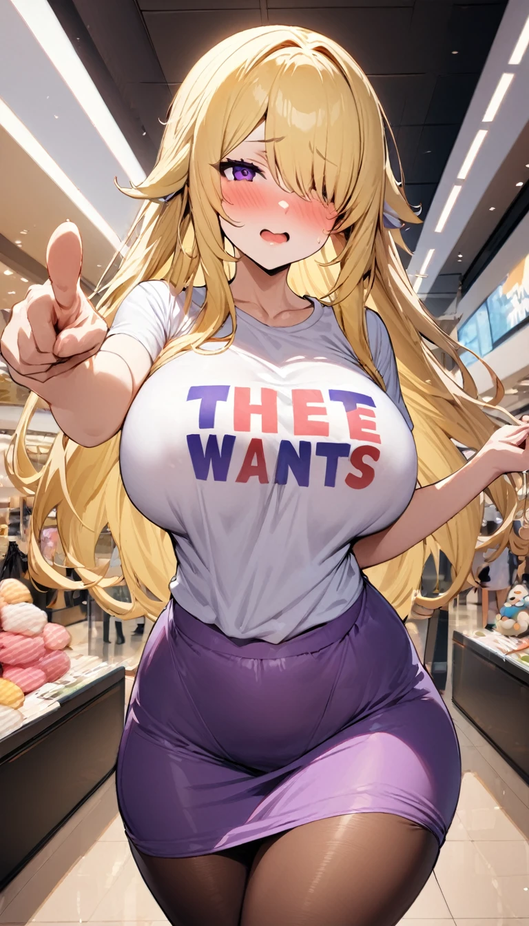 ((Best Quality)), ((Masterpiece)), (detailed), 1 girl, Pastel yellow hair, long hair, hair covers one eye, purple eyes, tight, big breasts, big thighs, white vote t-shirt, purple skirt, brown pantyhose, in a shopping center, pointing at a stuffed animal he wants, shy expression begging, blushing, arrival expectation, taking the viewer&#39;s hand