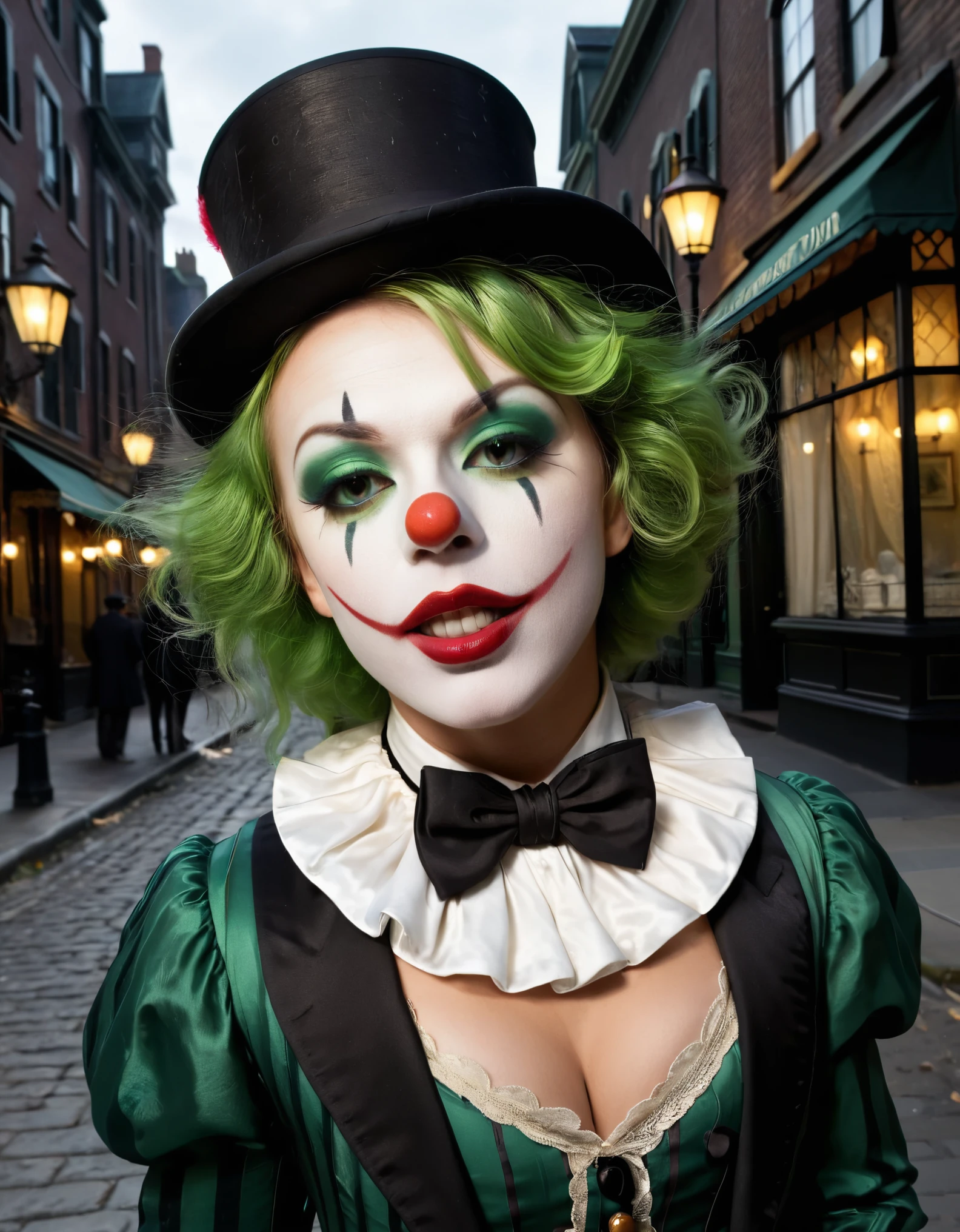 A Victorian-era clown with elegant makeup, green mist rising from his face, and refined Victorian attire. The background is a dark, gaslit street.