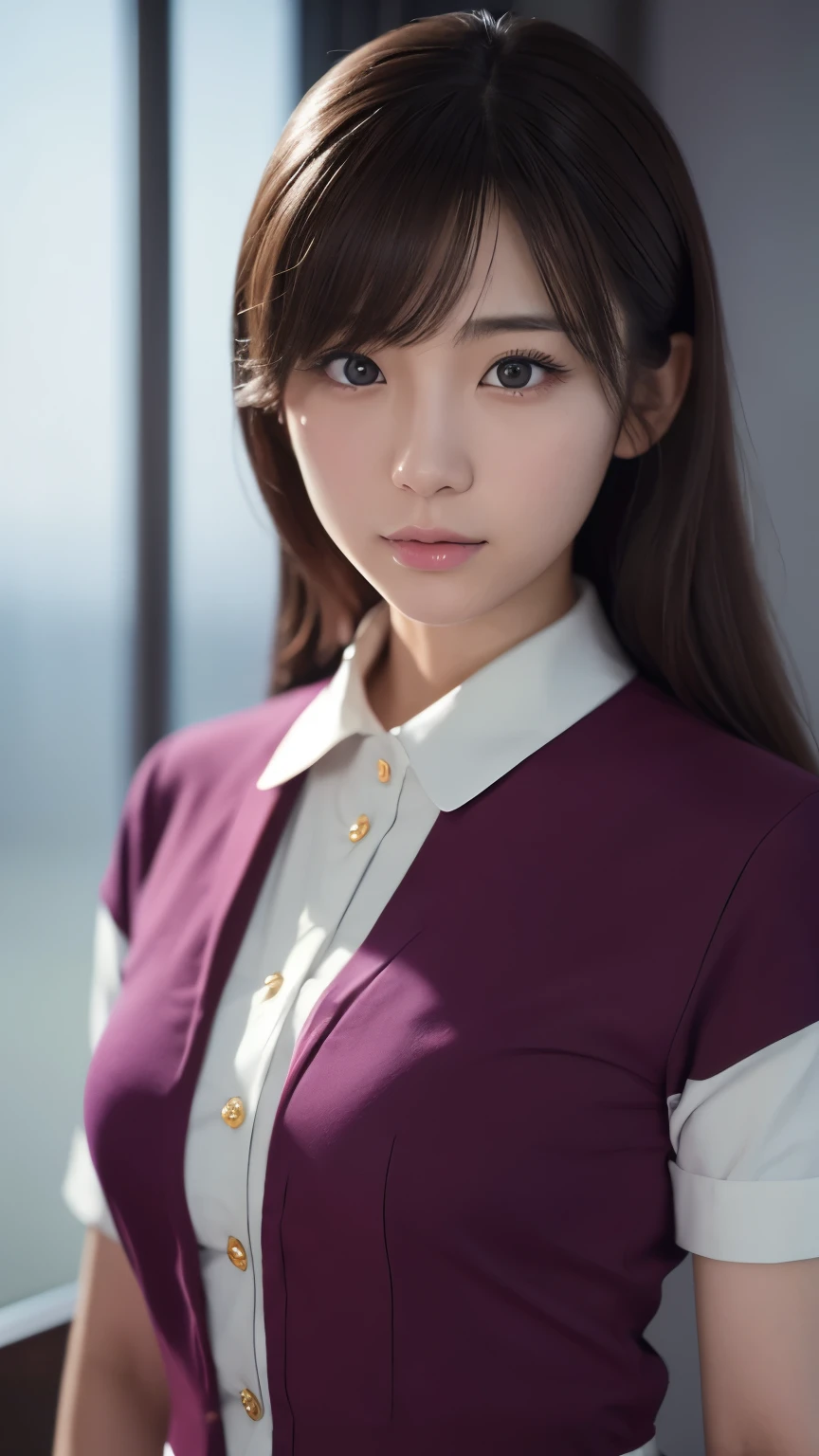 Beautiful young Japanese woman, Around 20 years old, Wearing a stewardess uniform, Super detailed, 8K resolution, Very realistic, Cinema Lighting, Highest quality, masterpiece, Realistic, Physically Based Rendering, Very detailed, Vibrant colors, Professional, Sharp focus, Studio Lighting.Standing facing forward