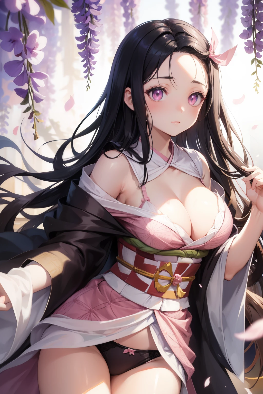 masterpiece, (pink kimono), seductive face, Good lighting, split, fine detail, masterpiece, sparkling eyes, 1 girl, black hair, sasanian, Nezuko Kamado, wisteria background, masterpiece, Best quality, throw, Big breasts, underwear, красивое underwear, Sexy
