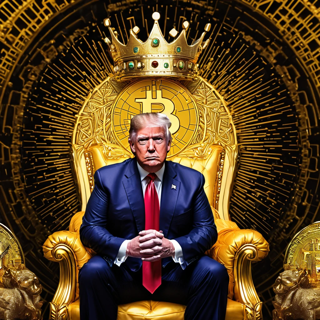 Donald Trump with crown on his head sitting on golden bitcoin throne