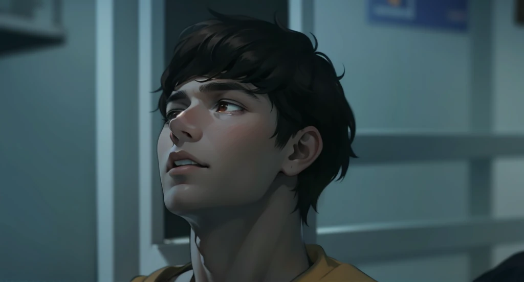 There is a 17-year-old boy, brown hair, brown eyes, he is doubting something, he is in disbelief.