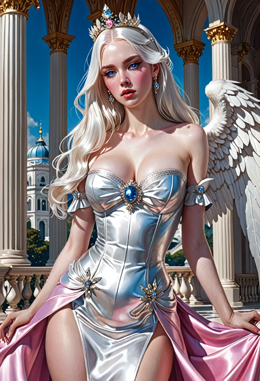 work of art, highest quallity, (standing alone), (face perfect:1.3), (high détail:1.2),dramatic, 1 girl, angel, (pale skin), long  white hair, clear blue eyes, (Breasts huge), light eyebrows, long hair, natta, maid outfit, addressed navel, fleshy lips, curved, (arms behind the back:1.4), addressed, Detailed palace background, art by artgerm and greg rutkowski, cinematic lighting, pinks, lo fashion, BALENCIAGA, Alexander McQueen, sheen