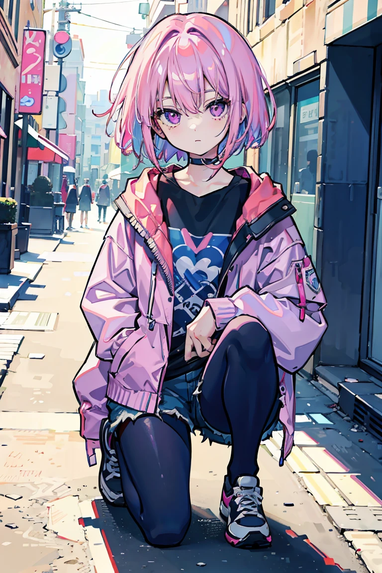 1 Girl, big 1.3, Colorful clothes, Pink Hair, Short Bob, ((Hold one knee)), sit, Shorts,pantyhose, Jacket,Open chest, Exposed Skin, curt, Put your hands in your pockets, Light purple eyes, ((Heart Eyes)), Pale background,16 years old, Colorful Hair, Messy Hair, tonalism, Romanticism, modern art, Impressionism, reflected light, 8K, masterpiece, Advanced Details, Highest quality,