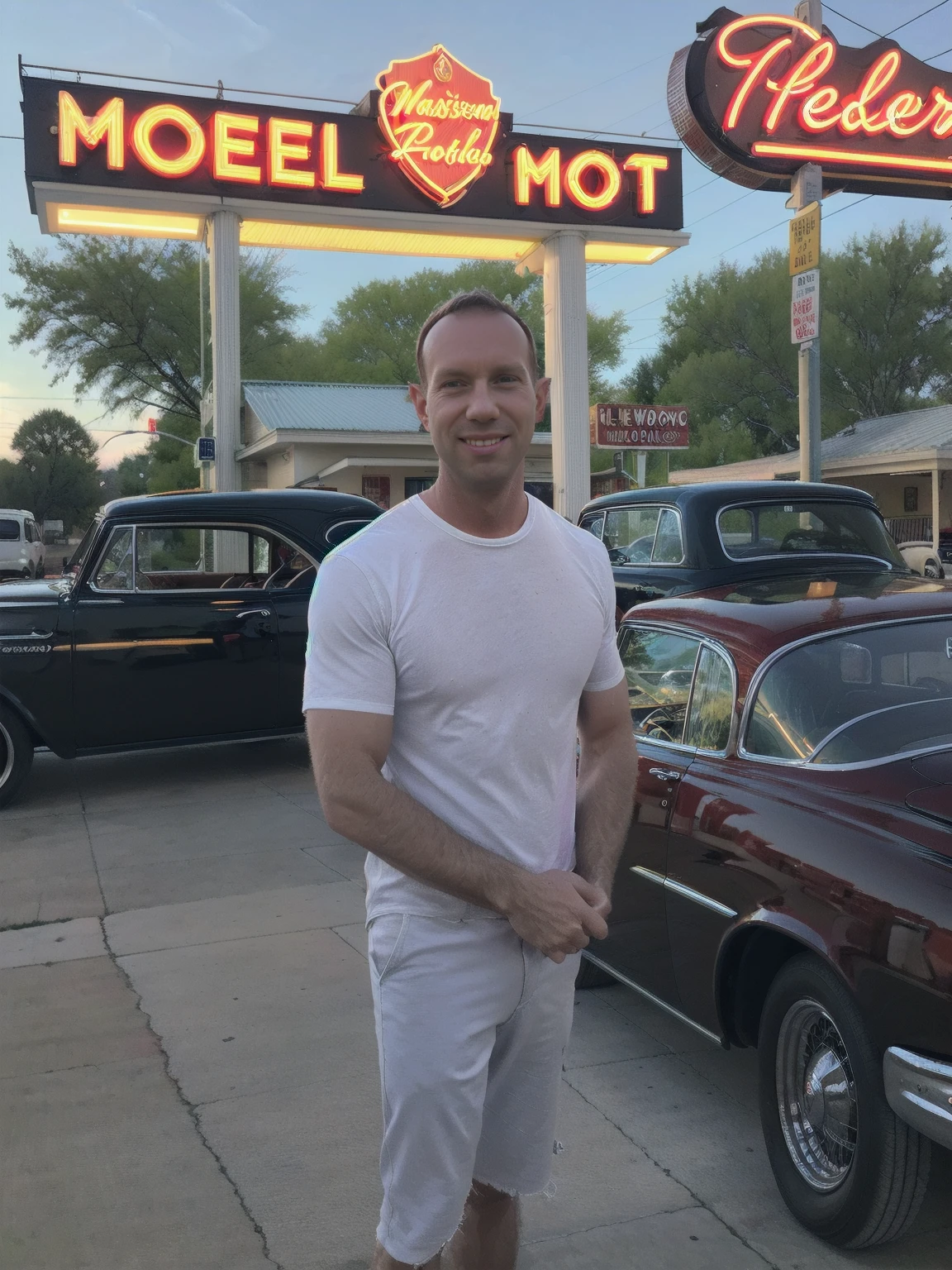((masterpiece, highest quality, Highest image quality, High resolution, photorealistic, Raw photo, 8K)), arafed view of a motel with a car parked in front of it, with neon signs, A solo man (Todder8, todder1) waiting for a guest in front of a motel, leaning on car, suit, route 6 6, neon signs, 1 9 5 0 s americana tourism, some have neon signs, neon lights outside, neon advertisements, gigantic neon signs, neon shops, by Arnie Swekel, few neon signs, neon signs in background,