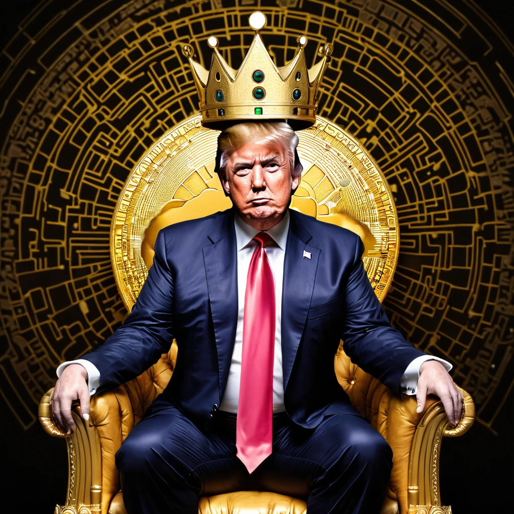Donald Trump with crown on his head sitting on golden bitcoin throne