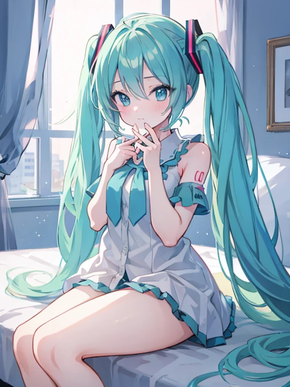 Hatsune miku sitting on a bed, thick thighs, smooth skin, warm lighting