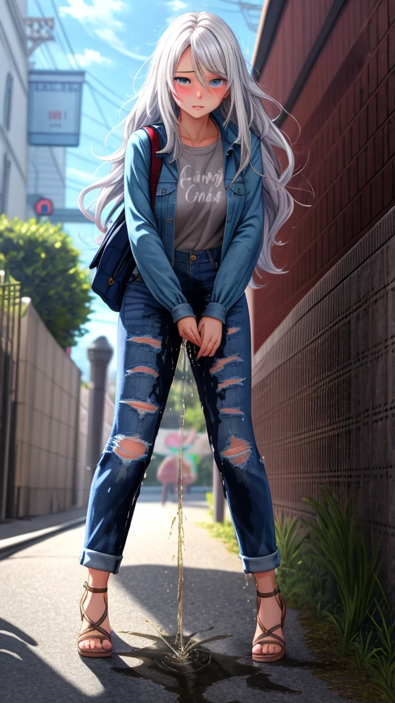 ((best quality, masterpiece, 8K)), (detailed), highly detailed face and skin texture, detailed eyes, downtown, full body, slender body, 1girl, 25 years old, white skin, blue eyes, worried, embarrassed, wavy hair, long hair, (forehead), stylish top, denim pants, blue jeans, footwear, peeing jeans, peeing pants, pee stain, (wetting herself), desperation,