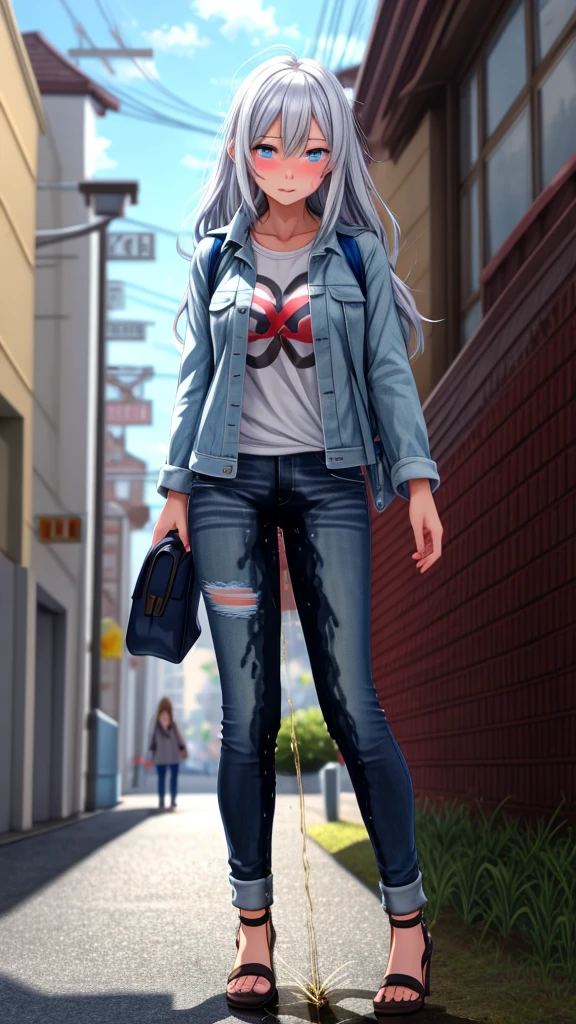 ((best quality, masterpiece:1.3, 8K)), (detailed), highly detailed face and skin texture, detailed eyes, downtown, full body, slender body, 1girl, 25 years old, white skin, blue eyes, worried, embarrassed, long hair, (forehead:0.8), (stylish top:1.2), denim pants, blue jeans, footwear, peeing jeans, peeing pants, pee stain, (wetting herself), desperation,
