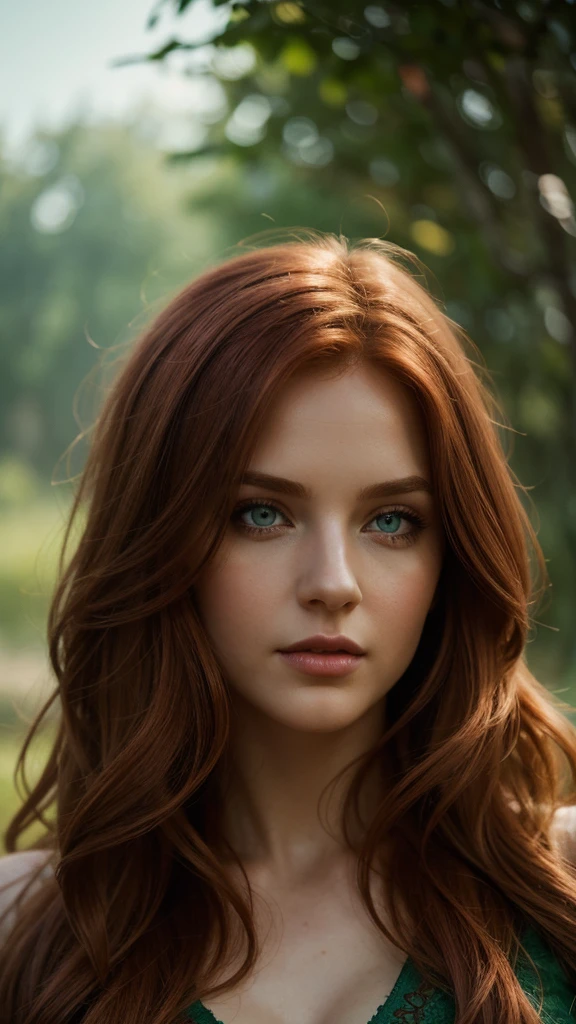 (Best Quality, HDR, professional), redhead woman with medium long hair and green eyes, (detailed eyes, detailed lips), (vibrant colors), (stylized, conceptual art), (scenic background), (soft lighting),(bokeh), elegant pose