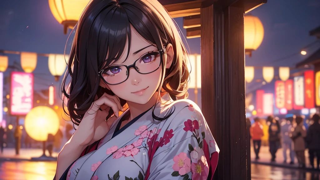1 girl, full body stand, glasses, ideal breasts, unbuttoned loose yukata, loose hair, smile, put his face closer to you, face blush, night light, detailed anime face, beautiful eyes, detailed hand, long eyelashes, detailed lips, detailed skin, intricate details, elegant, beautiful lighting, cooled colors, cinematic, soft focus, masterpiece, 8k, ultra-detailed, (best quality, 4k, 8k, highres, masterpiece:1.2), ultra-detailed
