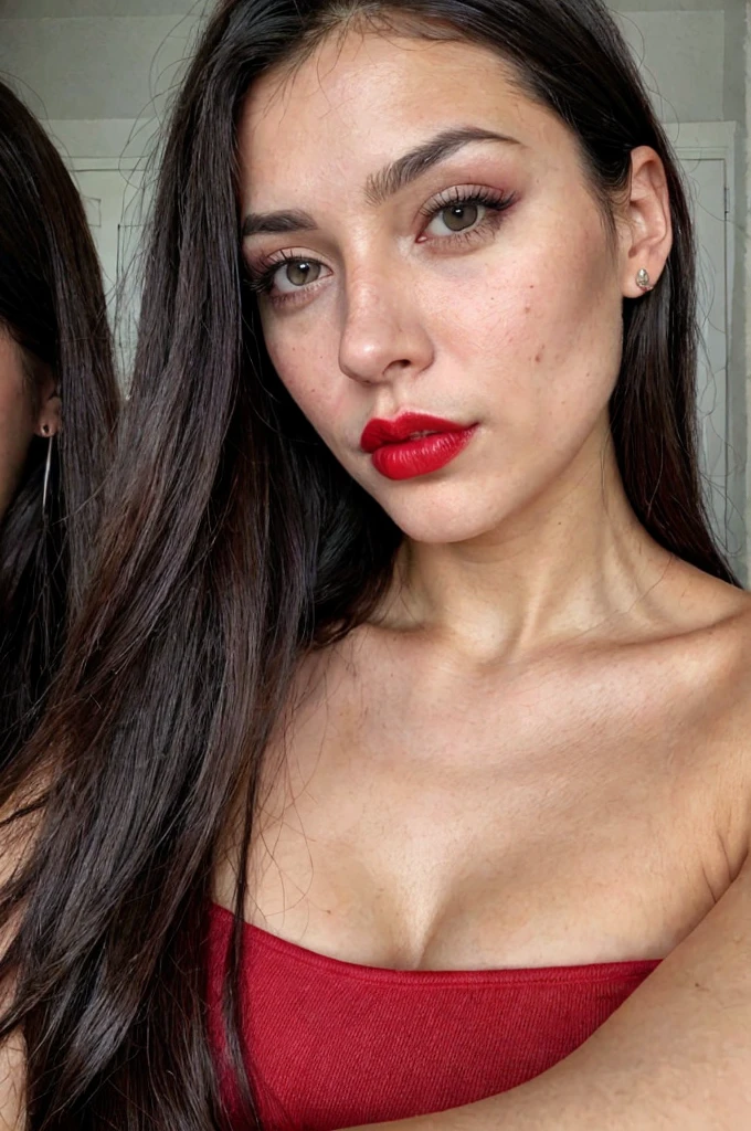 Woman selfie, long dark brown hair, black eyes, red lipstick, ultra realistic