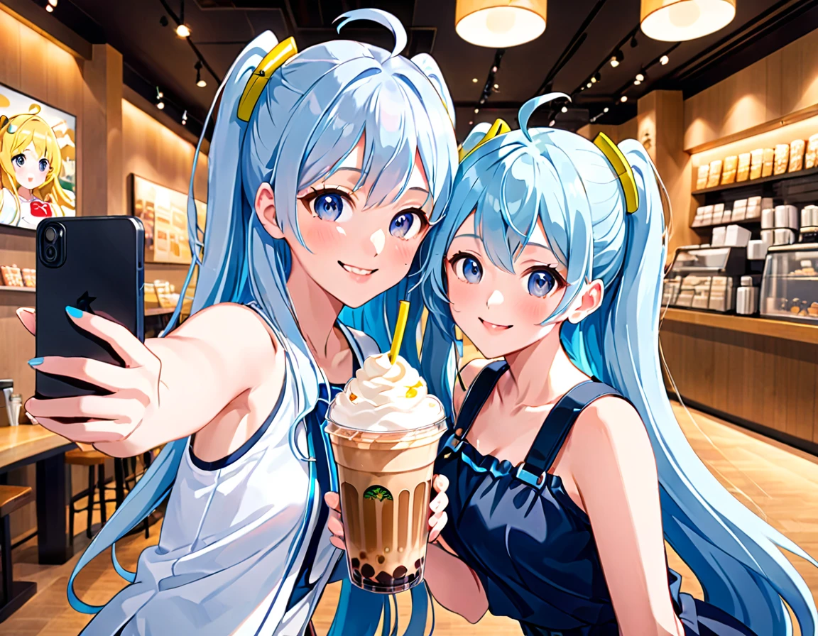 Anime Girls, A lively Starbucks interior、Beautiful girl taking a selfie with a smartphone、Light blue long hair、Twin-tailed anime chibi character、A cute anime chibi character with a bright smile, Taking a selfie with your smartphone、(Anime Girls), Cute girl anime visuals, young Anime Girls, Beautiful anime art style, Anime illustration, beautiful Anime Girls, Drinking a banana frappe