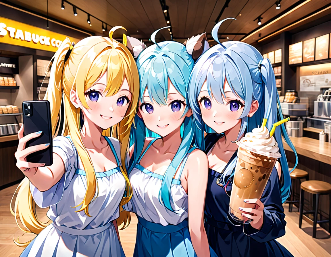 Anime Girls, A lively Starbucks interior、Beautiful girl taking a selfie with a smartphone、Light blue long hair、Twin-tailed anime chibi character、A cute anime chibi character with a bright smile, Taking a selfie with your smartphone、(Anime Girls), Cute girl anime visuals, young Anime Girls, Beautiful anime art style, Anime illustration, beautiful Anime Girls, Drinking a banana frappe