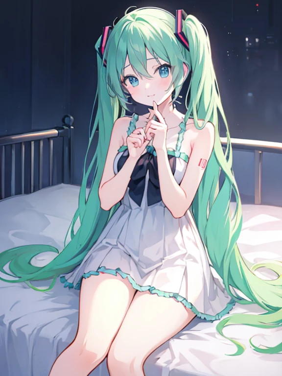 Hatsune miku on a bed, lay down. thick thighs, smooth skin, warm lighting