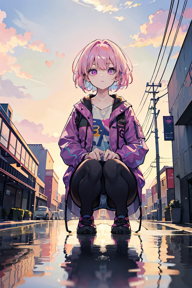 1 Girl, big 1.3, Colorful clothes, Pink Hair, Short Bob, ((Hold one knee)), Sit on your butt, Shorts,pantyhose, Jacket,Open chest, Exposed Skin, curt, Put your hands in your pockets, Light purple eyes, ((Heart Eyes)), Pale background,, Colorful Hair, Messy Hair, tonalism, Romanticism, modern art, Impressionism, reflected light, 8K, masterpiece, Advanced Details, Highest quality,