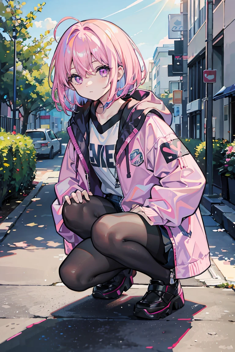 1 Girl, big 1.3, Colorful clothes, Pink Hair, Short Bob, ((Hold one knee)), Sit on your butt, Shorts,pantyhose, Jacket,Open chest, Exposed Skin, curt, Put your hands in your pockets, Light purple eyes, ((Heart Eyes)), Pale background,, Colorful Hair, Messy Hair, tonalism, Romanticism, modern art, Impressionism, reflected light, 8K, masterpiece, Advanced Details, Highest quality,