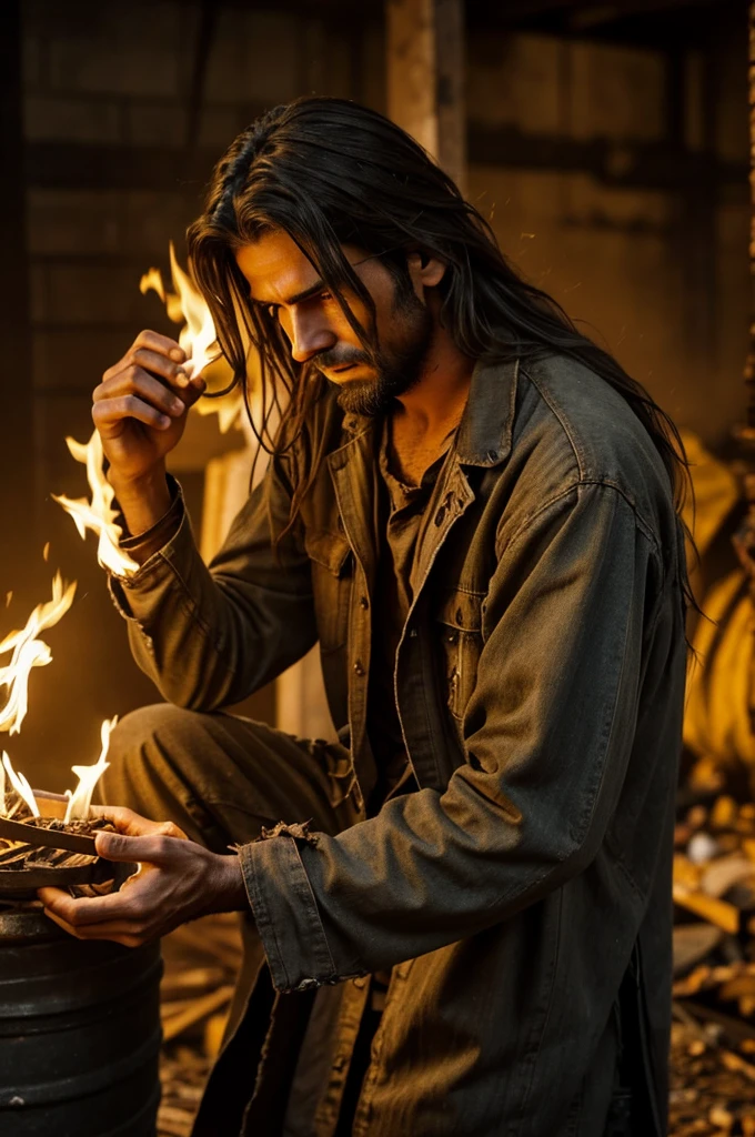generates an image of a man with long, dirty hair, no beard, young, somewhat malnourished, with rags and torn clothing, in his hands you can see that he creates flames of yellow and purple tones