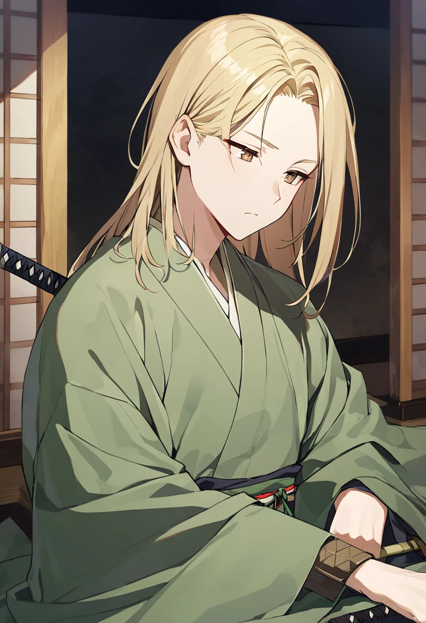 boy, blond, medium length hair, long bangs, bangs on the side, closed forehead, brown eyes, green kimono, haramaki, katana