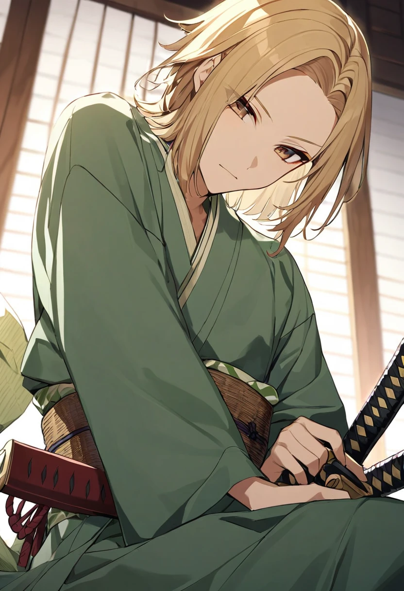 boy, blond, medium length hair, long bangs, bangs on the side, closed forehead, brown eyes, green kimono, haramaki, katana