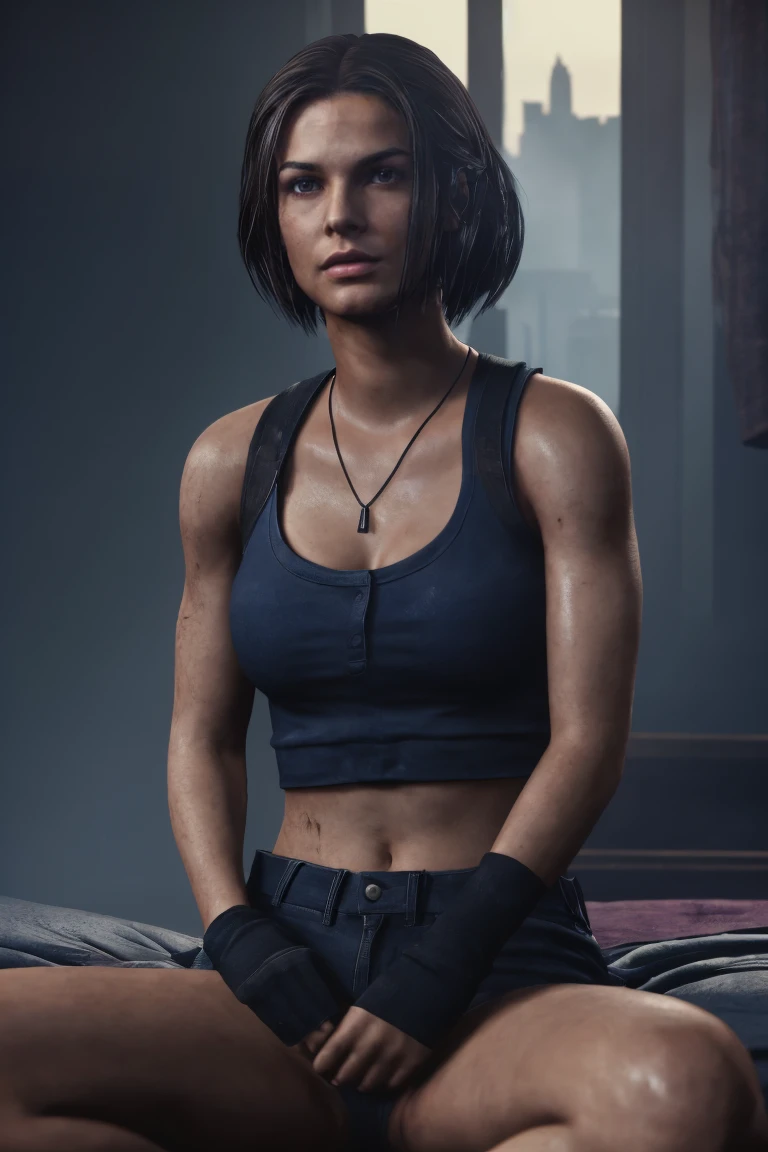 masterpiece, jill valentine, RE3 Remake, blue eyes, brown hair, oval face, long bob hair, dirt stains, portrait, woman sitting in the bed, looking city in the Window