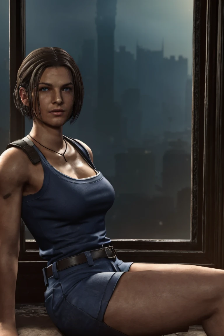 masterpiece, jill valentine, RE3 Remake, blue eyes, brown hair, oval face, long bob hair, dirt stains, portrait, woman sitting in the bed, looking city in the Window