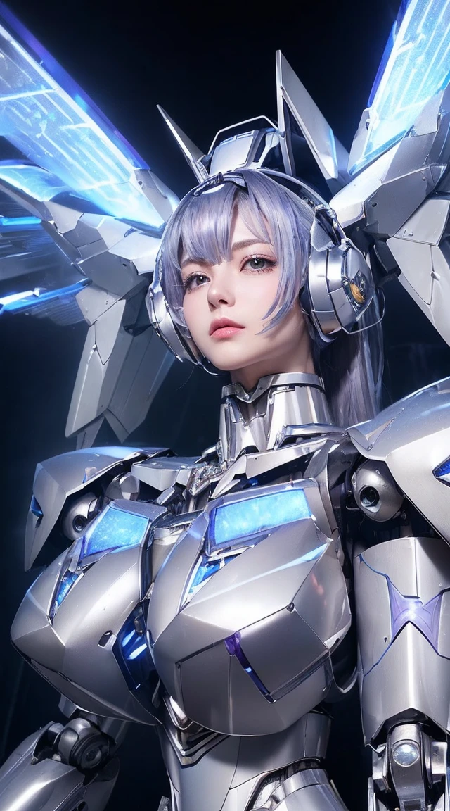 ((Intense action pose:1.6))、((Shining lenses on both breasts:1.3))、((Blue pillars of light are emanating from both chests.:1.3))、smile、((8K)), ((32k)), ((Highest quality)), ((masterpiece)), ((超A high resolution)), ((Tmasterpiece)), ((Halation:1.4))、((Mechaニカルheadgear:1.2))、((Cyber Headphones:1.3))、Fine skin, High quality fabric, Fine metal texture、((Beautiful and dense face))、RAW Photos、Professional, Ultra-fine painting, ((alone)), Beautiful breasts、Highest quality, Very detailed, Very detailed詳細, Finer details, so beautiful, ((Princess Knight Robot:1.2)), (Joints of machines, Mechanical Limbs:1.3), (The internal structure of the machine is exposed:1.3), (Long silver hair:1.1), (Beautiful and huge mechanical breasts)、White Veil, cowboy_shot, Side Focus, headgear, Shiny、(Five Fingers, Four fingers and thumb),Concept Art, Anime fantasy artwork, Detailed fantasy art, (with pale blue-violet hair and large white wings,,,,,,,), (((Long silver hair))), (Mecha:1.6)、Sleek and intimidating design, ((Commander-in-Chief'arm)), (Perfect robot body)、純白と青紫armまたは, Symmetrical wings, 8K high quality, detailed art, 3D rendering of character art in 8K, neat legs, Defined, Defined fingers,