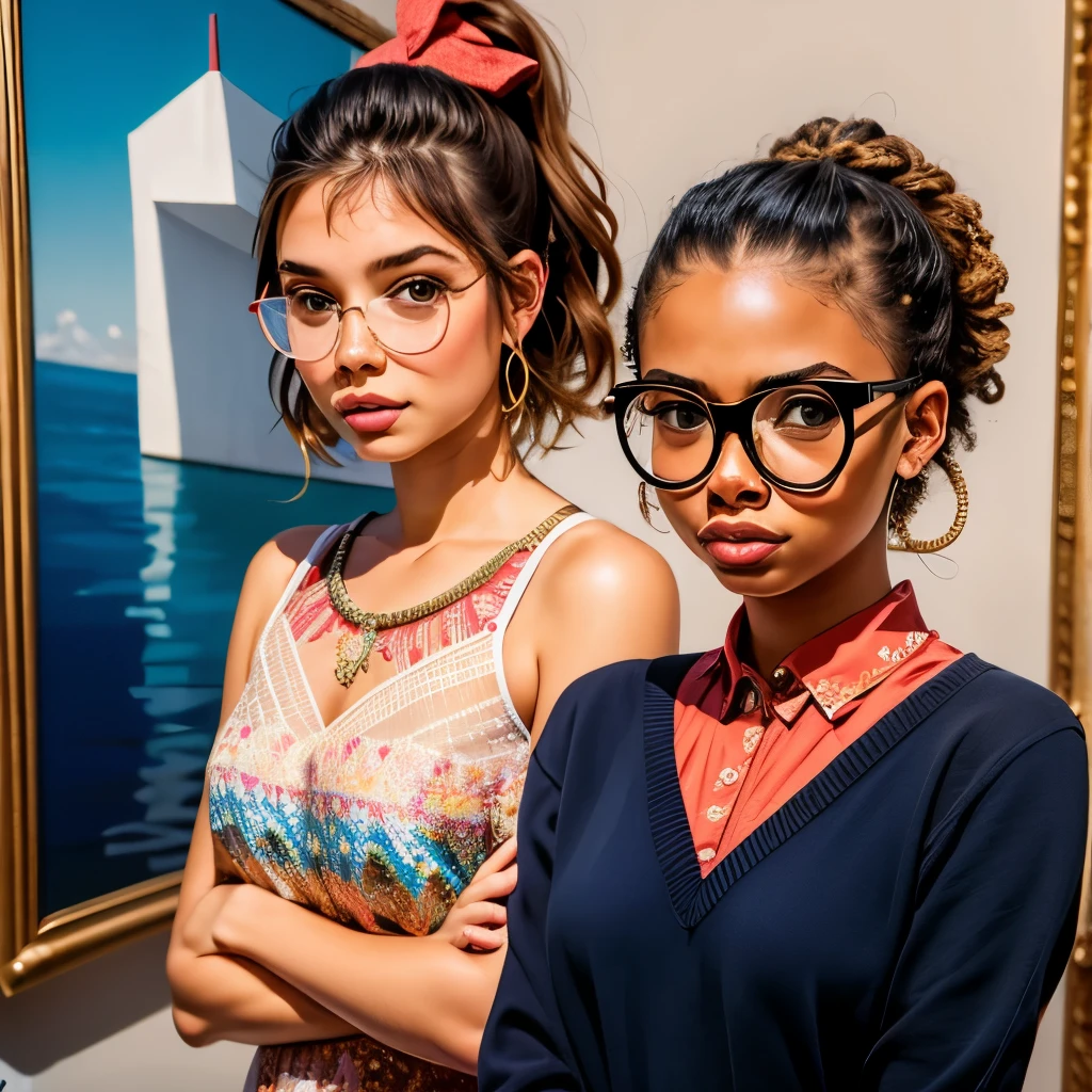 (work of art, best qualityer:1.2), 2 beautiful girls, one with small round glasses and the other without