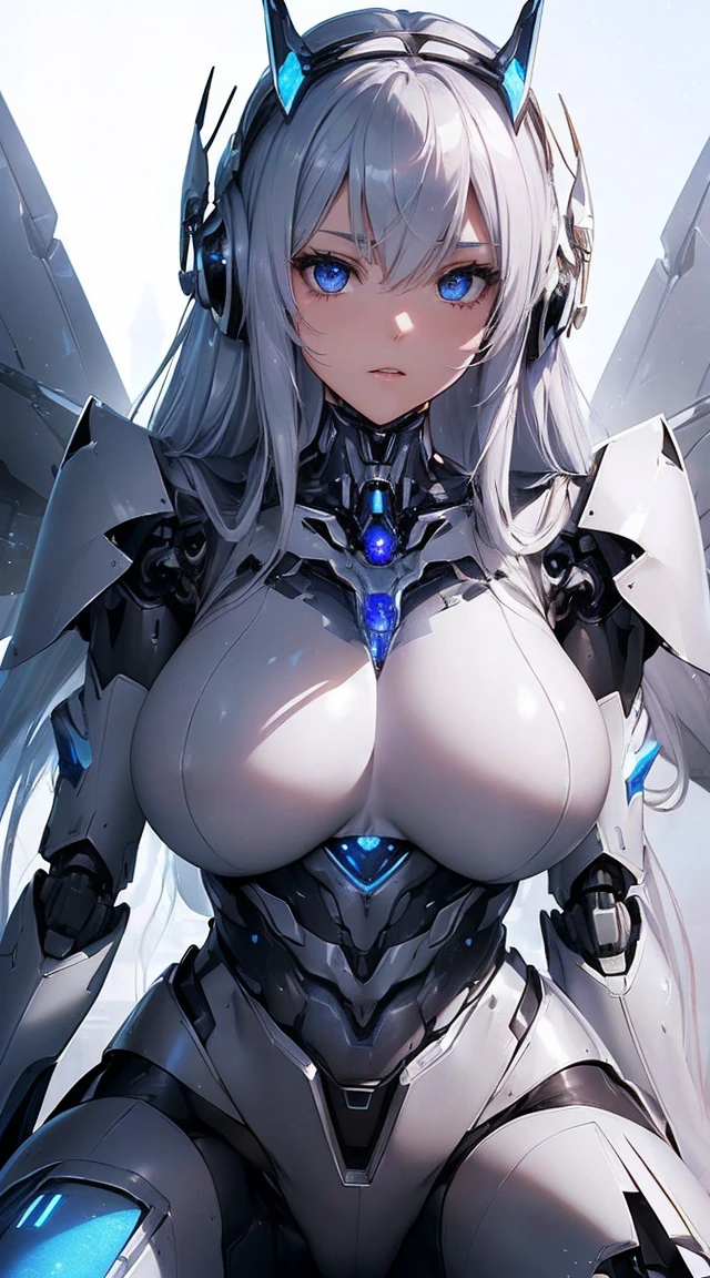 (Sit with one knee on the machine:1.6)、(Full body description:1.3)、((Shining lenses on both breasts:1.3))、((Blue pillars of light are emanating from both chests.:1.3))、smile、((8K)), ((32k)), ((Highest quality)), ((masterpiece)), ((超A high resolution)), ((Tmasterpiece)), ((Halation:1.4))、((Mechaニカルheadgear:1.2))、((Cyber Headphones:1.3))、Fine skin, High quality fabric, Fine metal texture、((Beautiful and dense face))、RAW Photos、Professional, Ultra-fine painting, ((alone)), Beautiful breasts、Highest quality, Very detailed, Very detailed詳細, Finer details, so beautiful, ((Princess Knight Robot:1.2)),  (Joints of machines, Mechanical Limbs:1.3), (The internal structure of the machine is exposed:1.3), (Long silver hair:1.1), (Beautiful and huge mechanical breasts)、White Veil, cowboy_shot, Side Focus, headgear, Shiny、(Five Fingers, Four fingers and thumb),Concept Art, Anime fantasy artwork, Detailed fantasy art, (with pale blue-violet hair and large white wings,,,,,,,), (((Long silver hair))), (Mecha:1.6)、Sleek and intimidating design, ((Commander-in-Chief&#39;arm)), (Perfect robot body)、純白と青紫armまたは, Symmetrical wings, 8K high quality, detailed art, 3D rendering of character art in 8K, neat legs, Defined, Defined fingers,