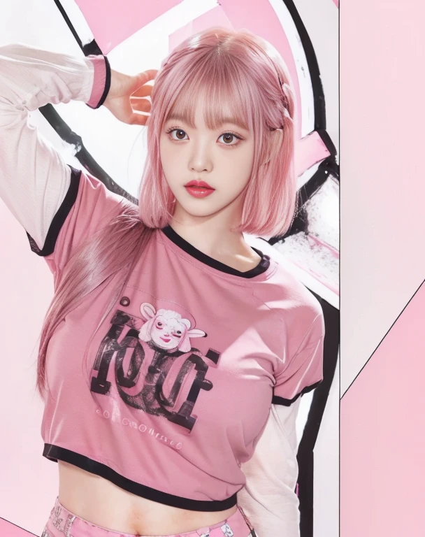 there is a woman with rosa hair and a rosa shirt rosa eyes, rosa girl, ((rosa)), cute girl with short rosa hair, rosa skin, e-chica, e - girl, with rosa hair, pink vibe, pink face, SHEEP, add pink, y 2 k aesthetic, y2k aesthetic, Kawaii realistic portrait, very aesthetic!!!!!!, aesthetic!!!!!!!!!!